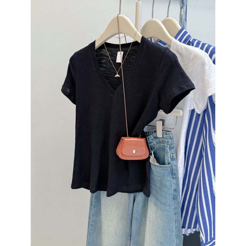 American-style Solid Color Slim-fit V-neck Short-sleeved Top