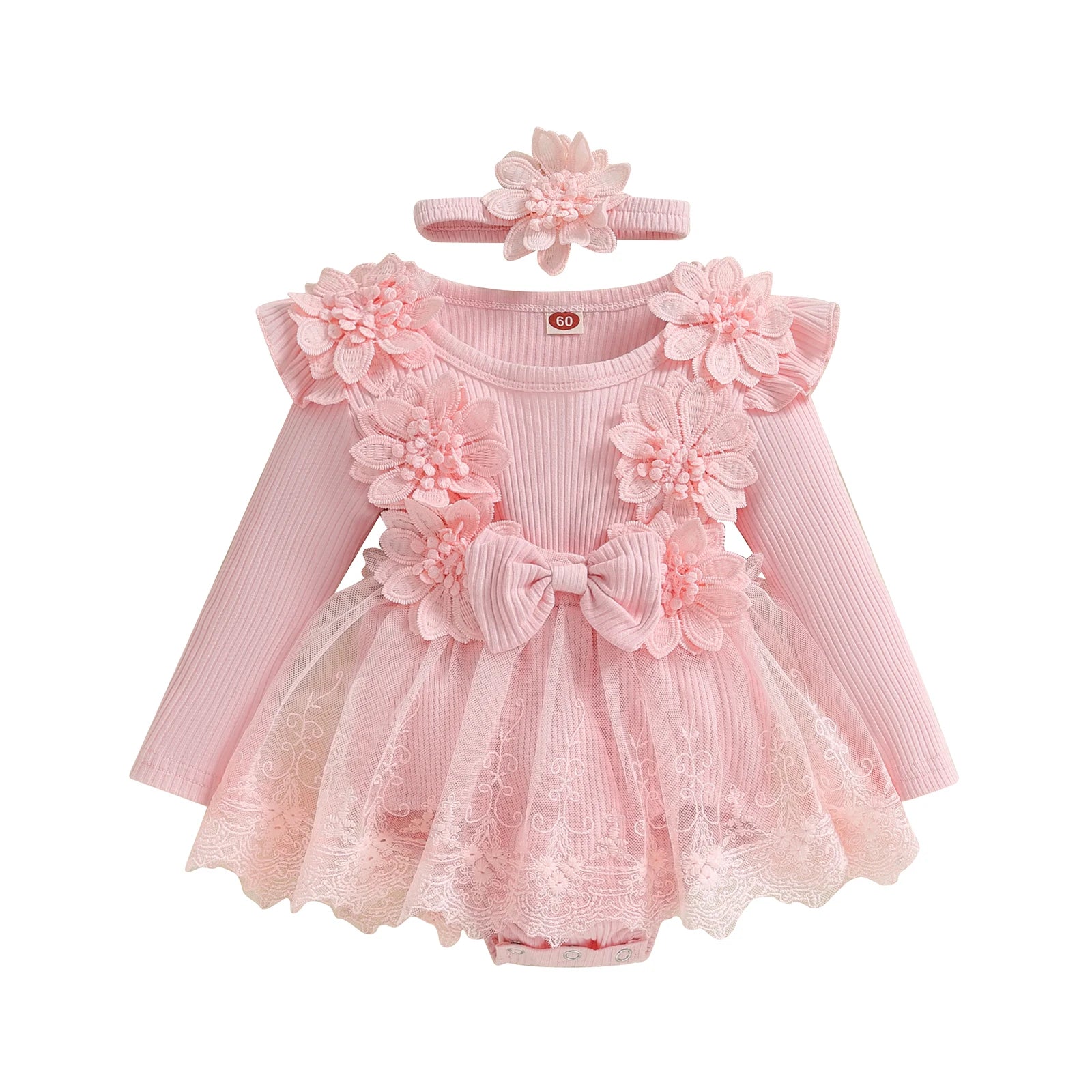 3D Flower Summer Baby Girls Romper Princess Mesh Newborn Clothes Lace Patchwork Ruffle Bodysuit Dress Headband Kids Clothing