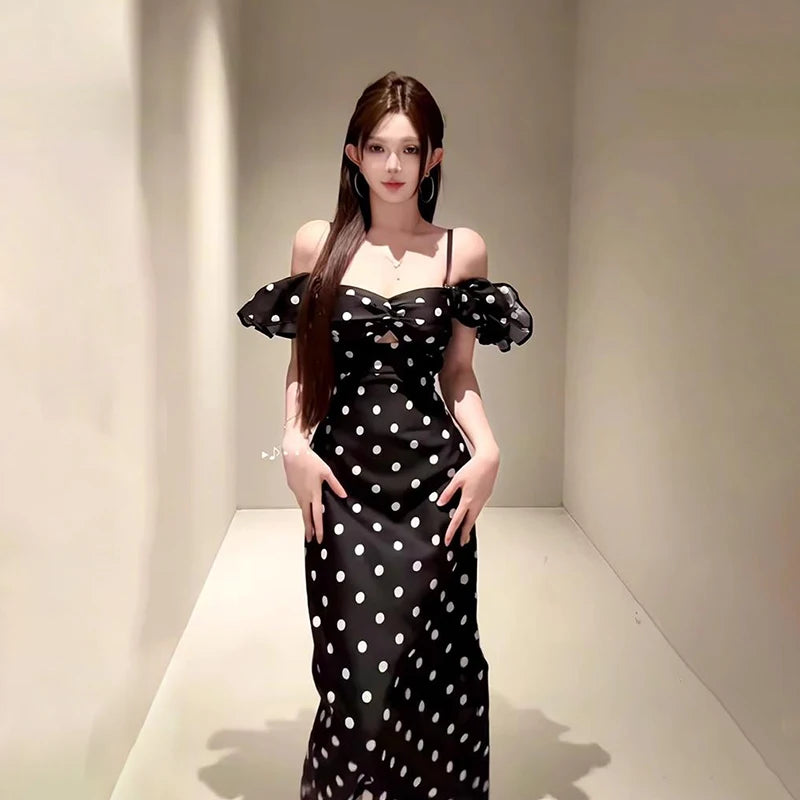 French Retro Off-Shoulder Polka Dot Printed Dresses Women Summer Sheath Holiday Elegant Female Long Dress