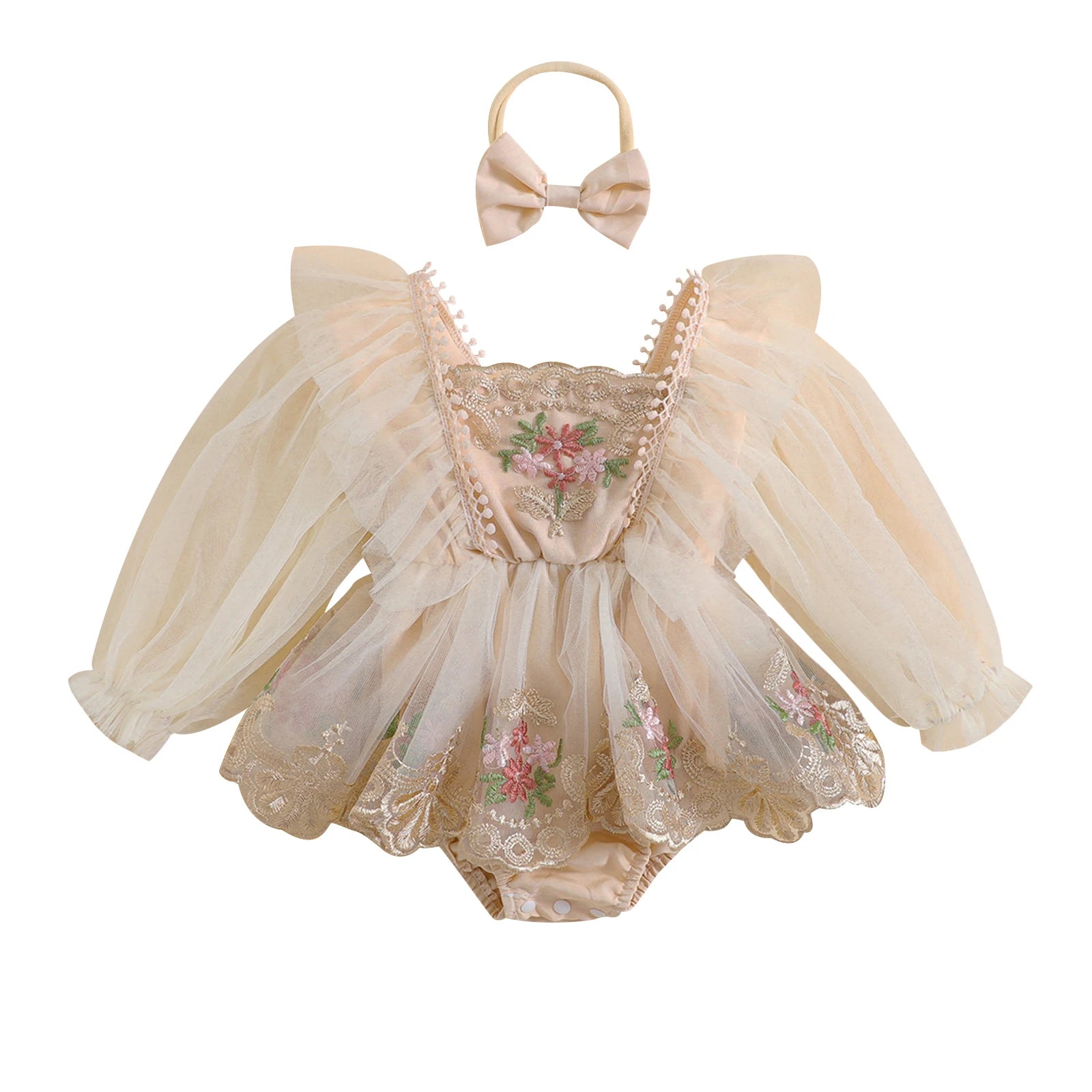 ma&baby 0-24M Baby Girl Romper Newborn Infant Tulle Jumpsuit Princess Long Sleeve Floral Embroidery Clotehs Headband Outfits