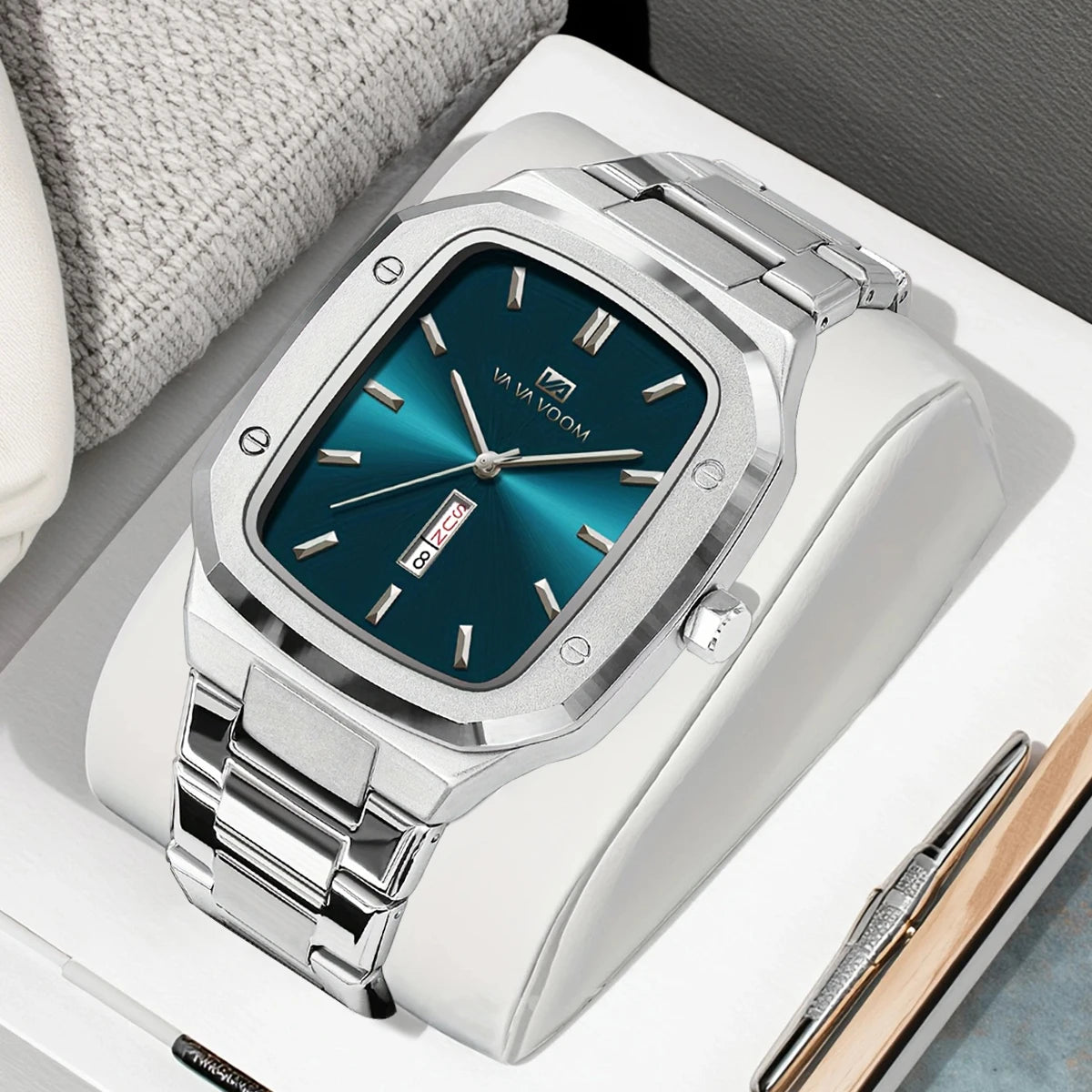 2025 New Men Watch Fashion Square Stainless Steel Blue Gold 3Bar Waterproof Quartz Calendar Simulated Business Sports WristWatch