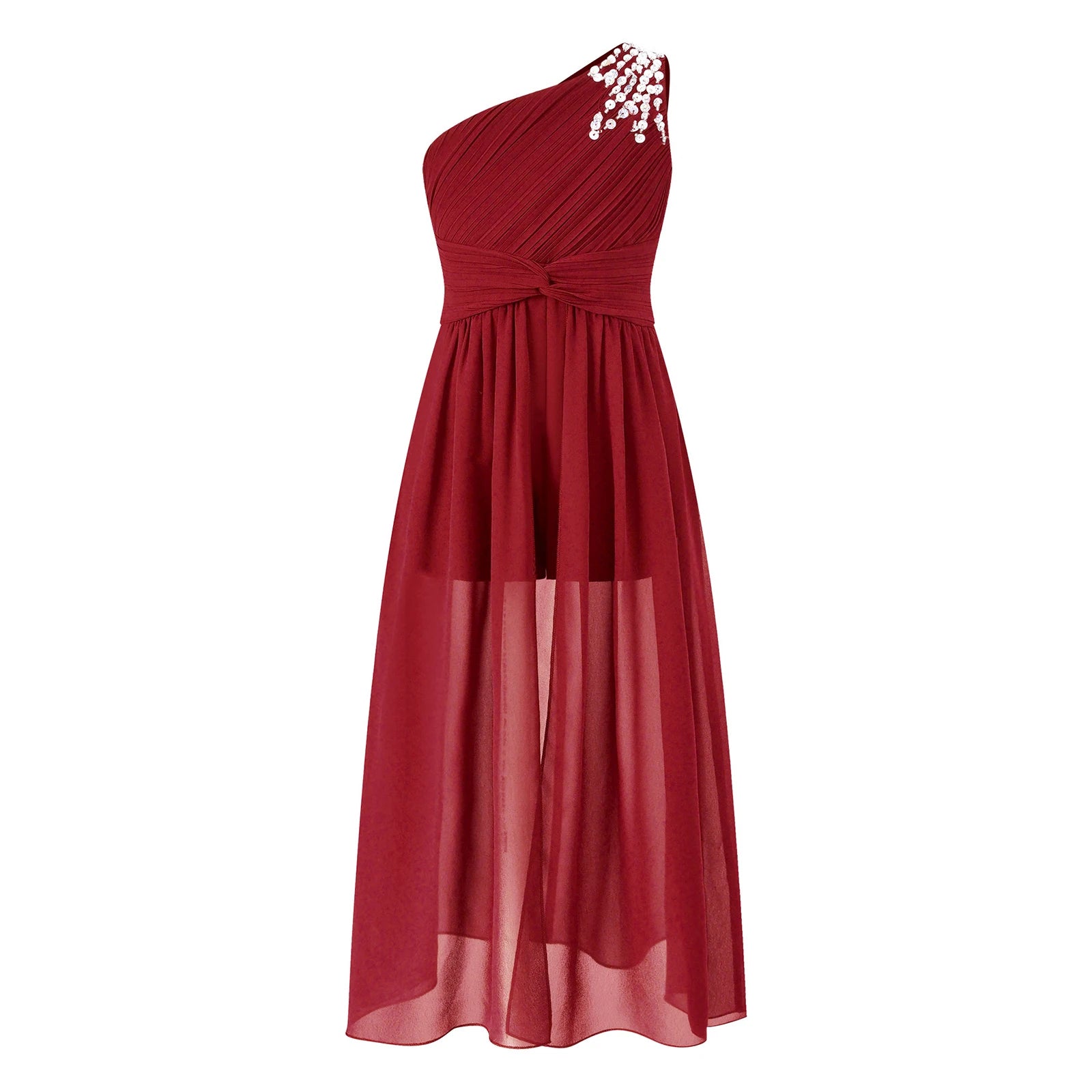 6-16Y Kids Girls Elegant Shiny Beaded Party Dress One Shoulder Ruched Jumpsuit Skirt Princess Wedding Birthday Evening Prom Gown