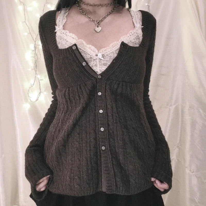 Aesthetic Coquette Knit Sweaters Outfit Vintage Babydoll Tops Pullovers Lady Autumn Square Neck Long Sleeve Knitwear Jumpers Y2k