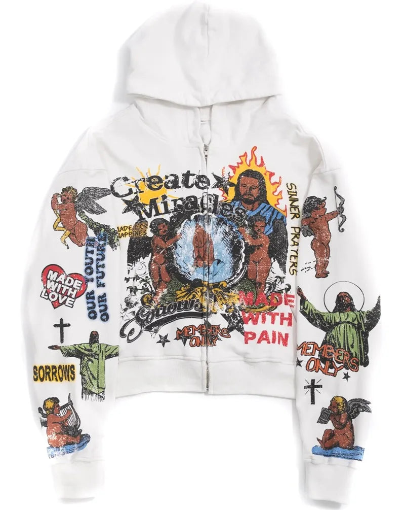 Y2k Harajuku Trendy Brand Fashion Casual Zipper Hoodie Men High Street Hip-hop Rock Anime Print Oversized Sweatshirt Women