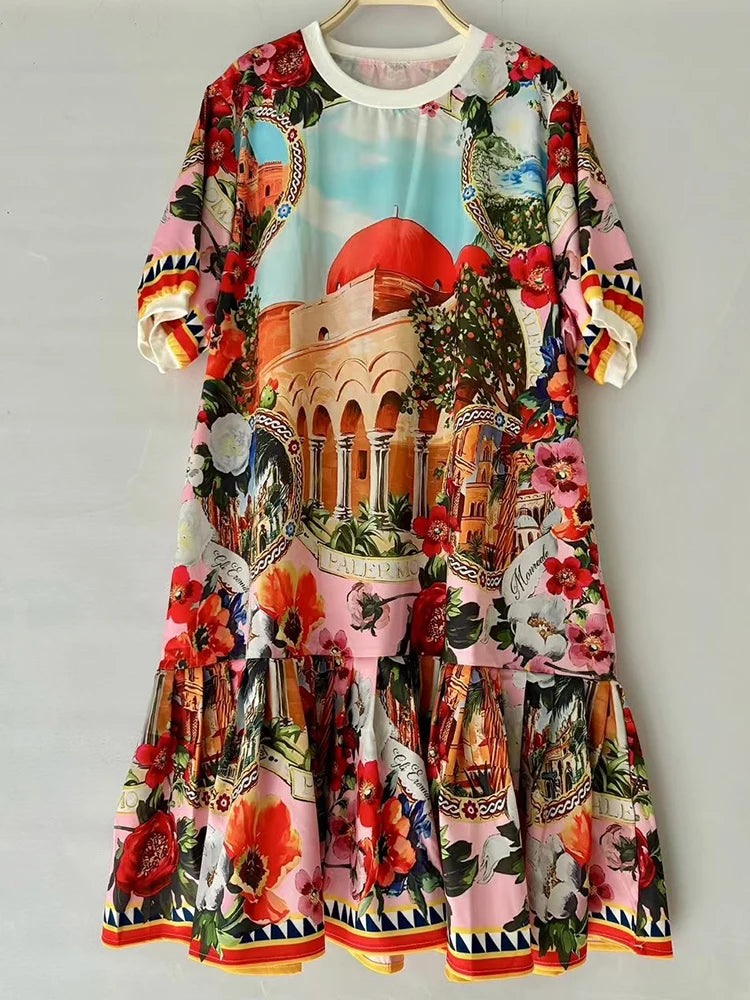 Elegant temperament geometric printing short-sleeved loose dress 2025 summer women's new stitching hem casual straight skirt