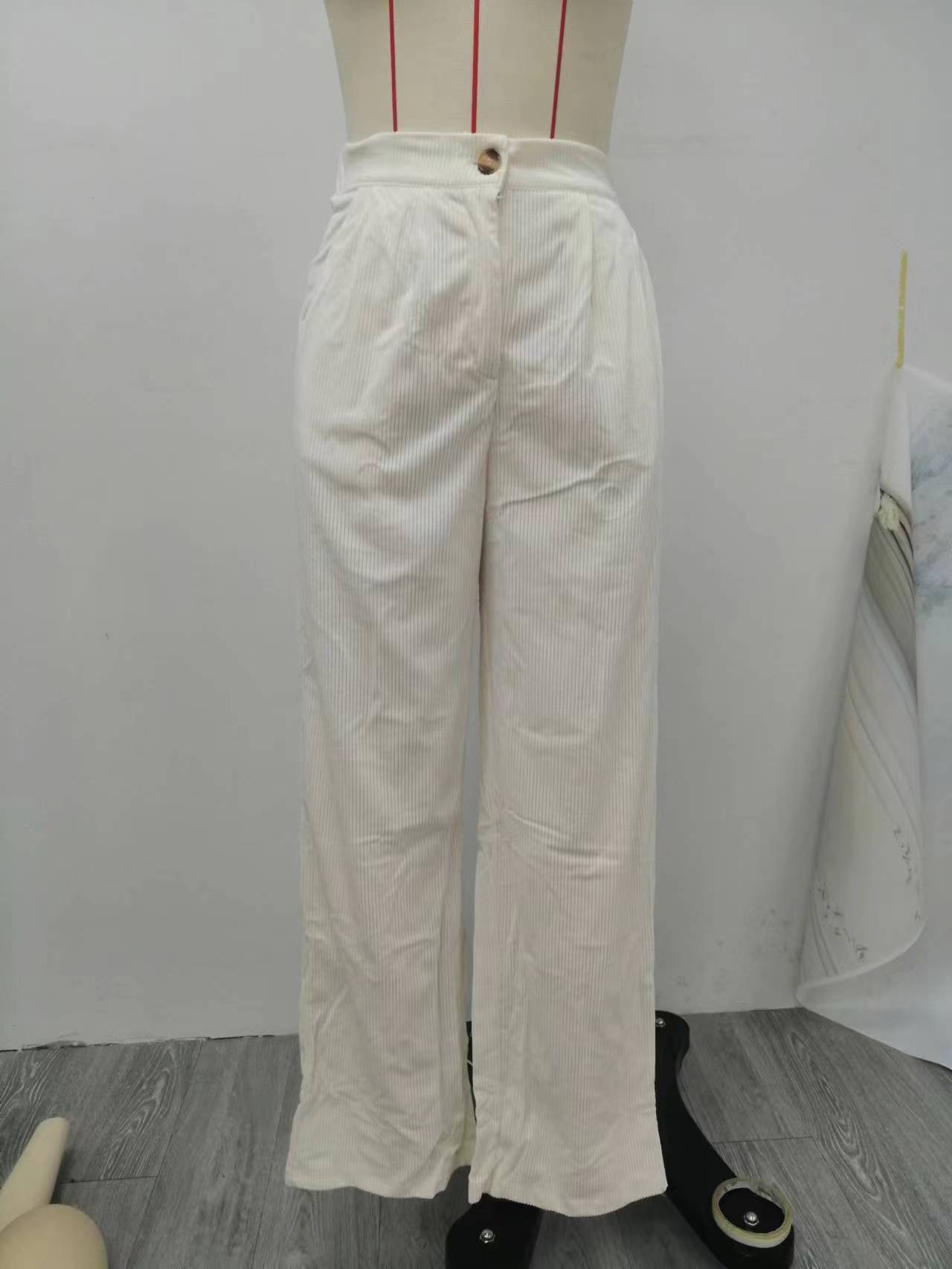 Women's High Waist Casual Pants Solid Color Corduroy Baggy Straight Trousers - Your Shopify