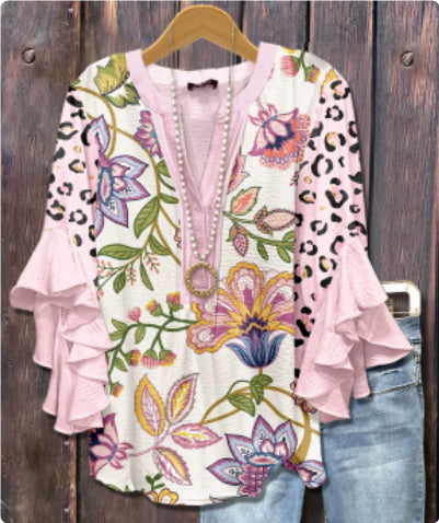 Women's V-neck Fashion Lotus Sleeve T-shirt