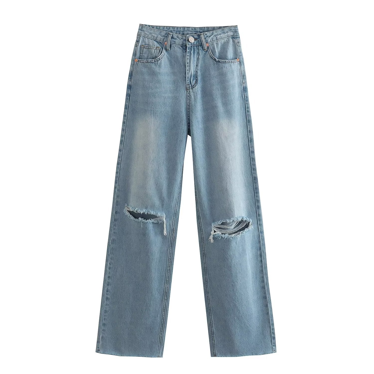 Spring And Summer Women's Perforated Hole Decoration High Waist Wide Leg Jeans