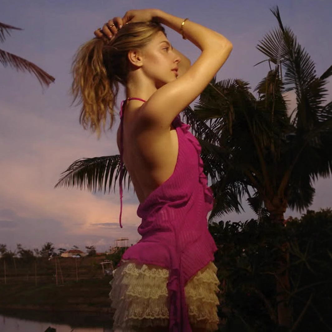 Summer Beach Vacation Style Backless Sexy Short Sling
