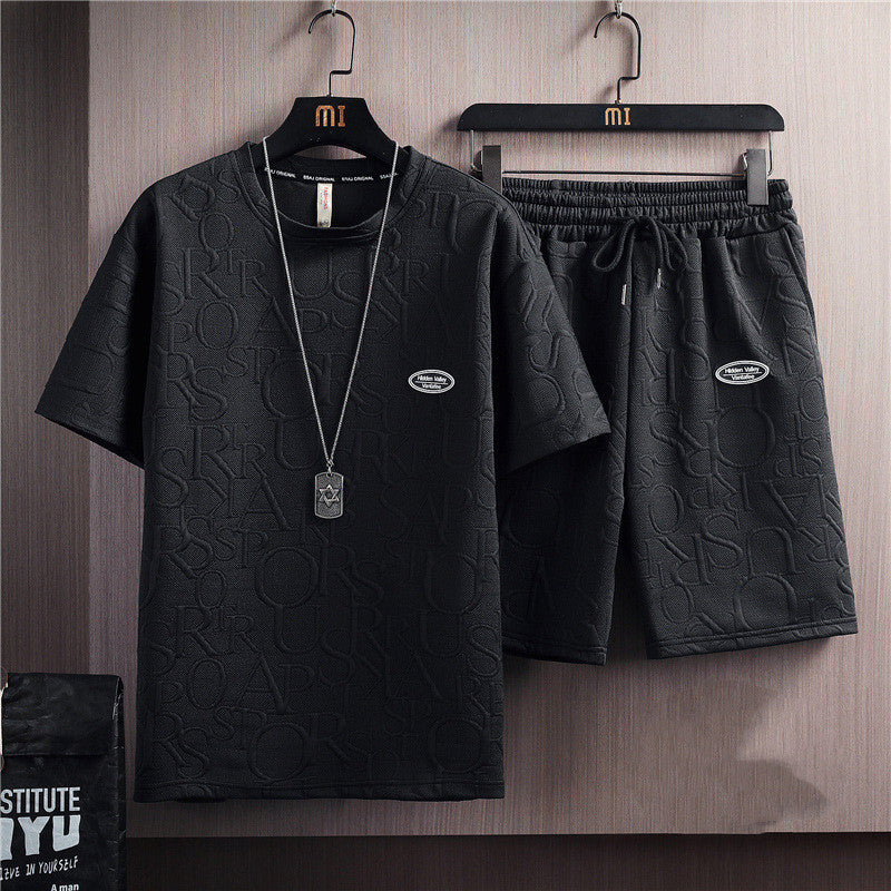 Men's Trendy Solid Color Casual T-shirt Lace-up Five-point Pants Suit - Your Shopify