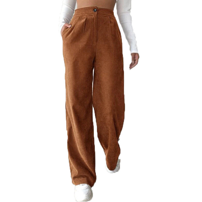 Women's High Waist Casual Pants Solid Color Corduroy Baggy Straight Trousers - Your Shopify