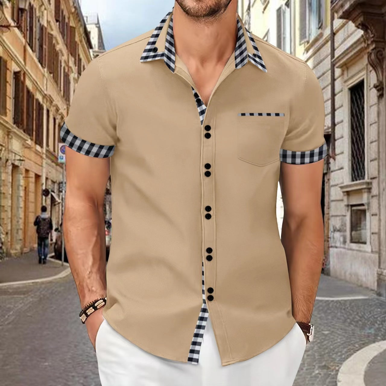 Men's Shirt Casual Pocket Stitching Contrast Color Top - Your Shopify