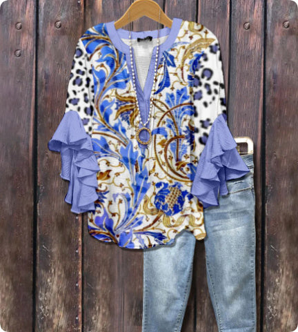 Women's V-neck Fashion Lotus Sleeve T-shirt