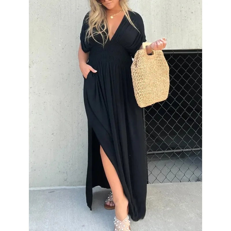 Fashion Bat-sleeved V-neck Slit Dress Summer Short Sleeve Elastic Waist Long Dresses Womens Clothing - Your Shopify