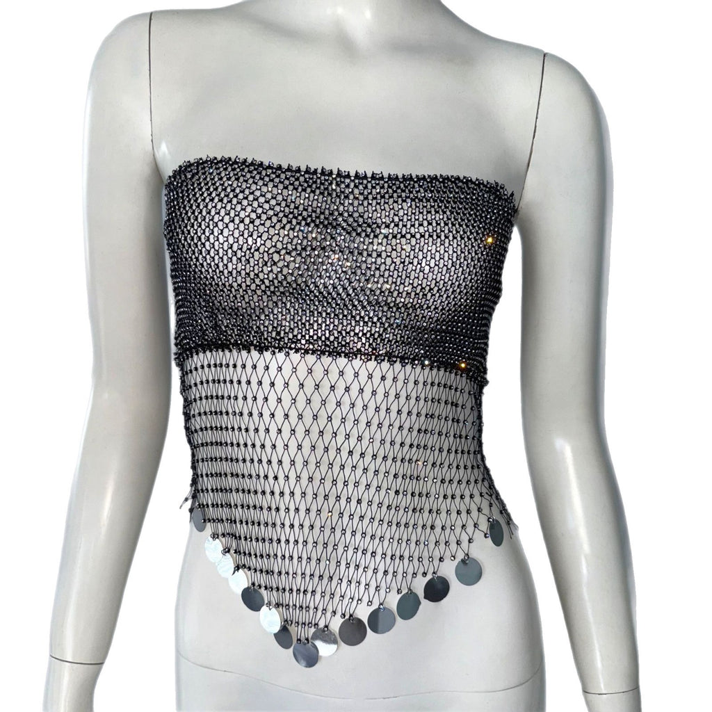 Strap Fishnet Rhinestone Top Tube Top