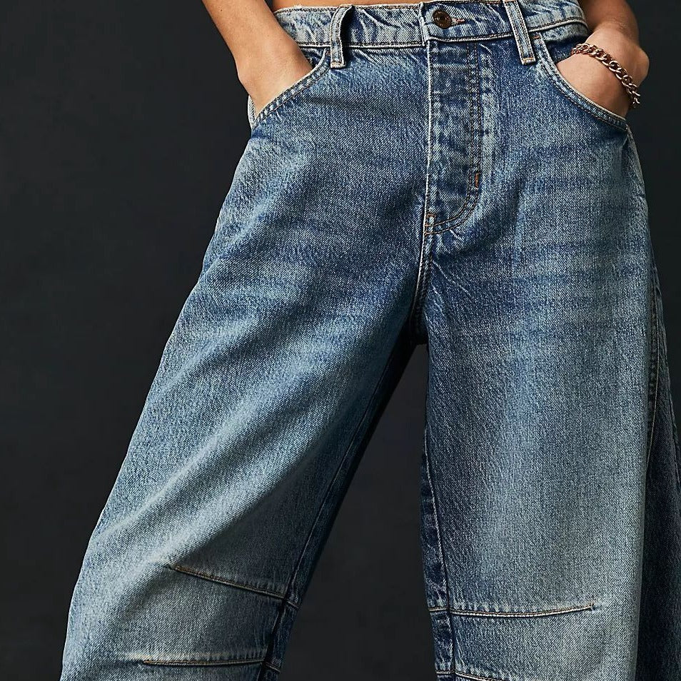 High Stretch Mid-Rise Barrel Jeans Fashion Wide Leg Shape Women Casual Baggy Mid Waist Denim Jeans - Your Shopify
