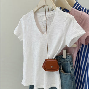 American-style Solid Color Slim-fit V-neck Short-sleeved Top