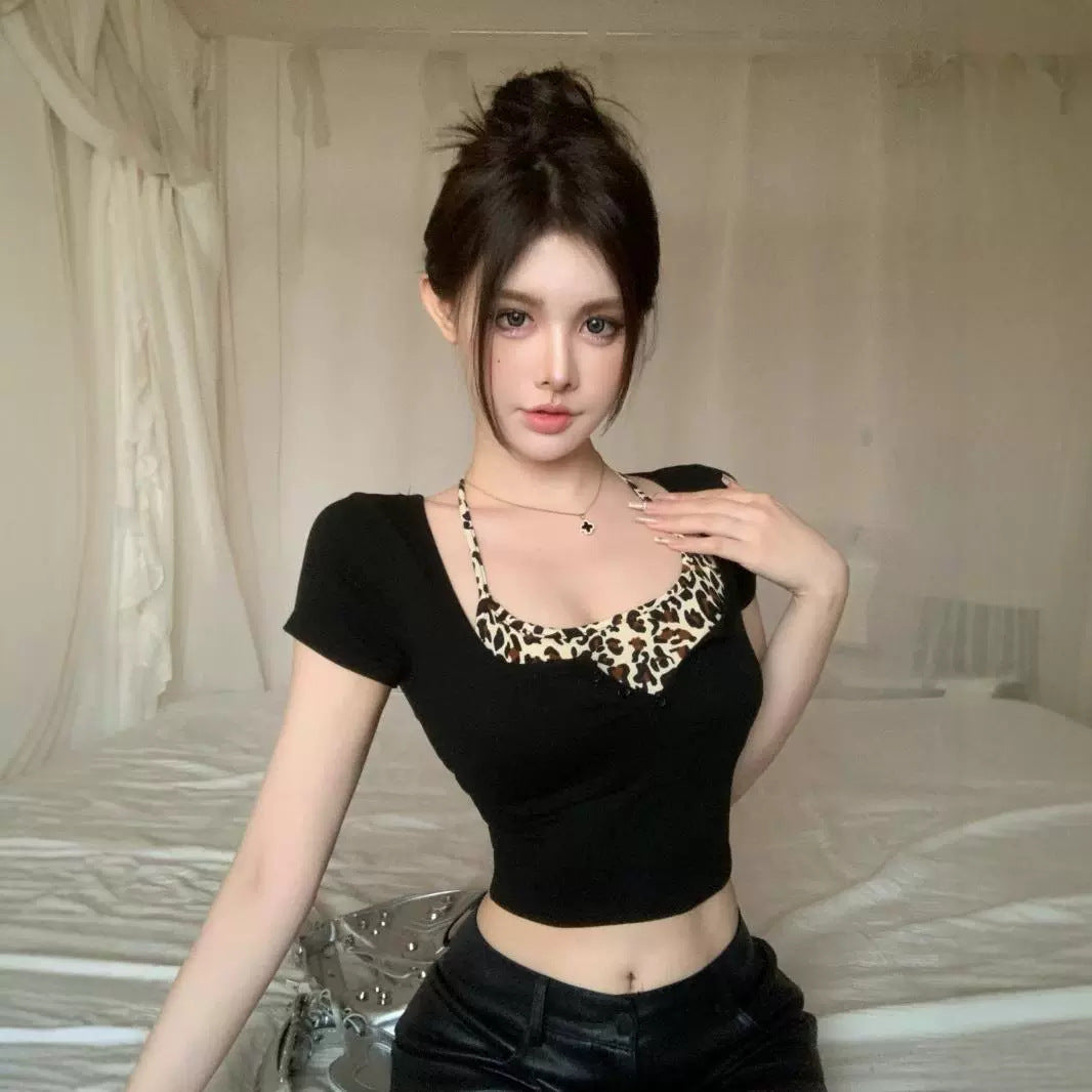 Design Leopard Print Halter Skinny Short T-shirt