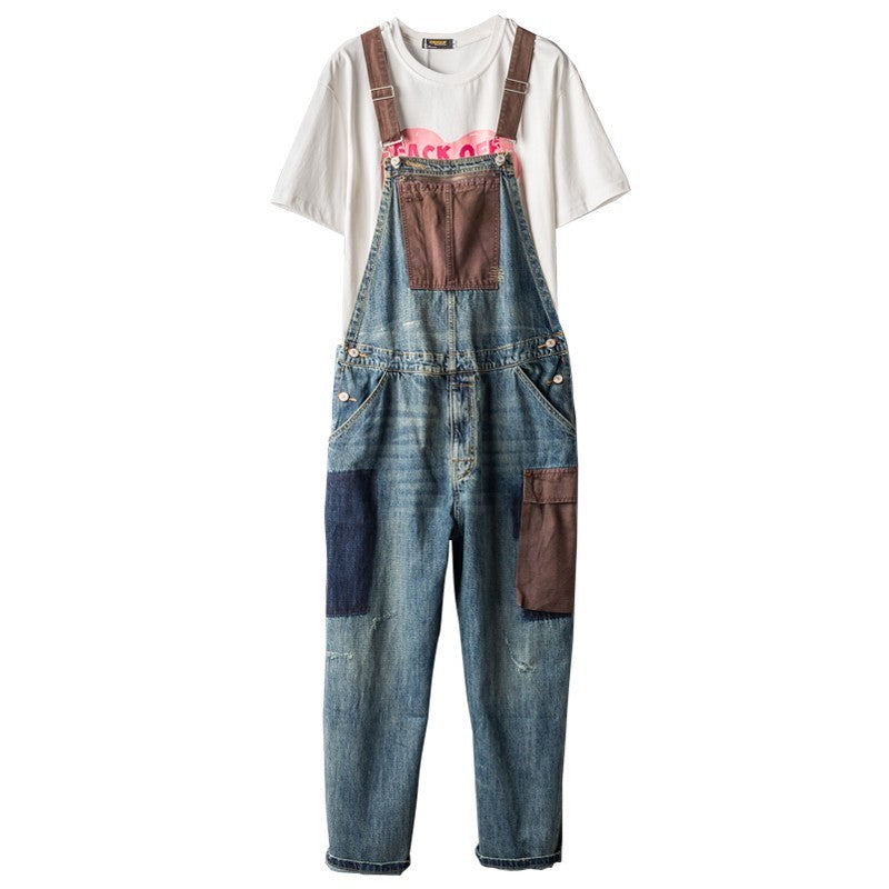 Men's And Women's Contrast Color Overalls Suspender Pants