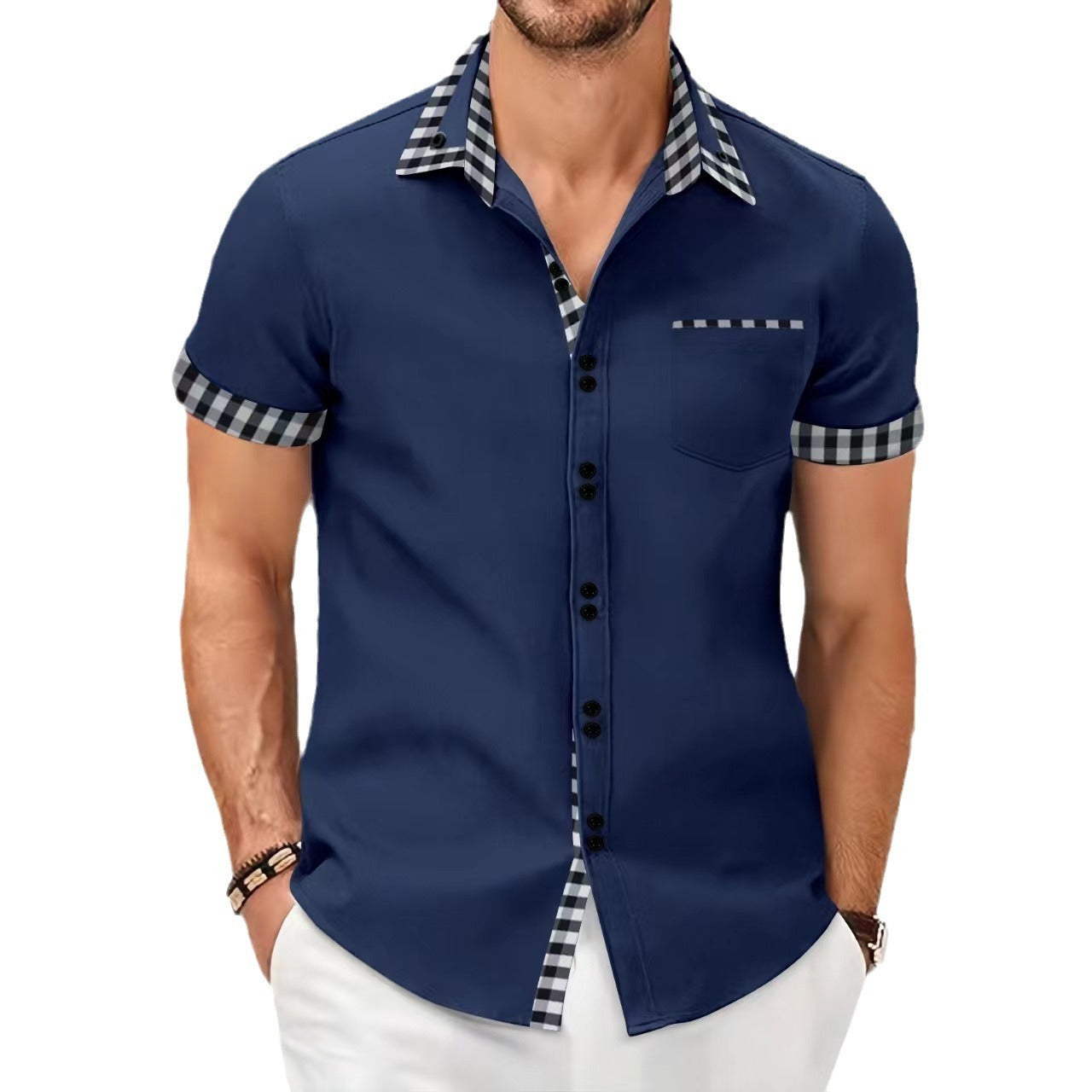 Men's Shirt Casual Pocket Stitching Contrast Color Top - Your Shopify
