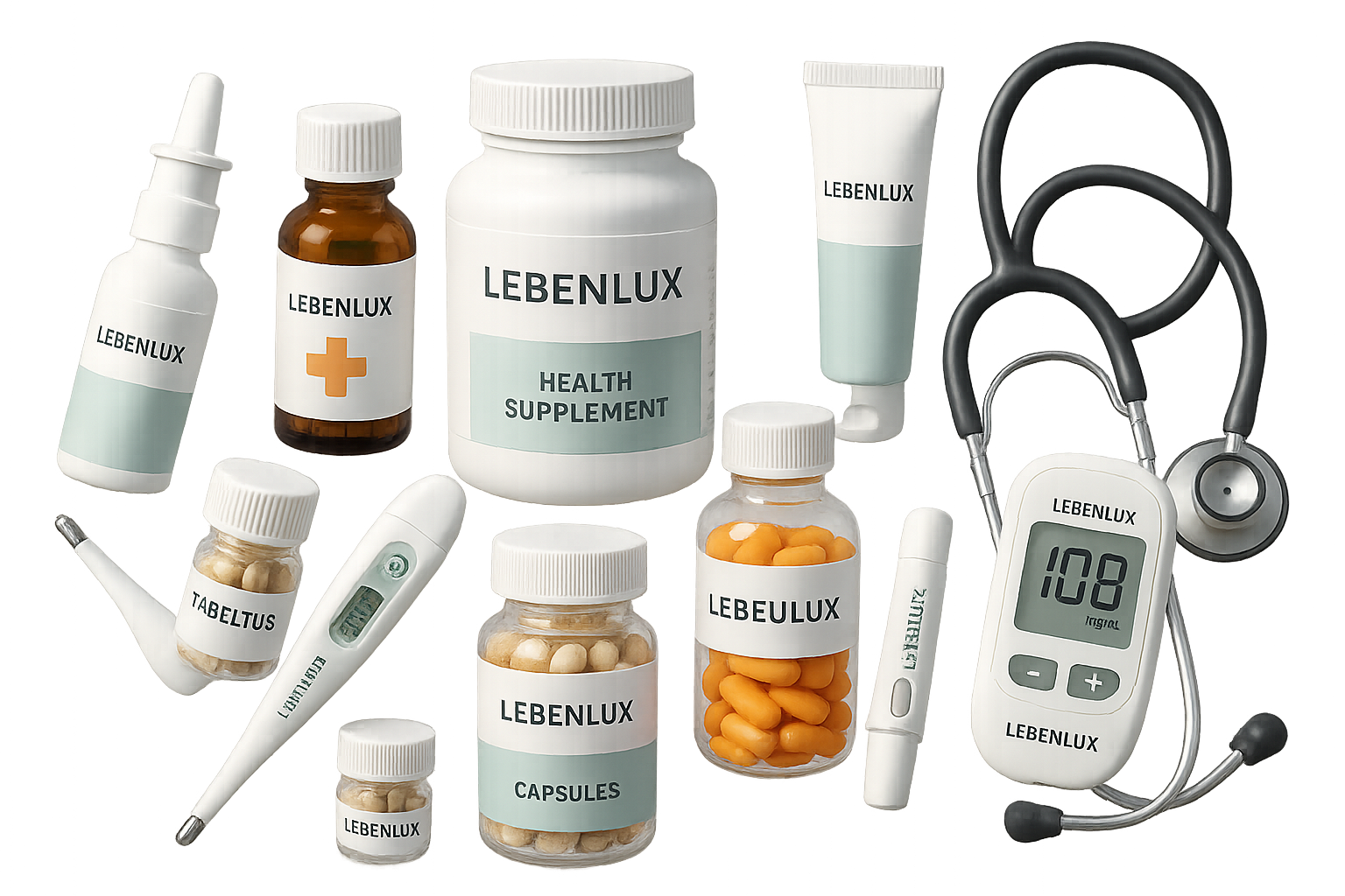 3d health care products collection with no background and write LEBENLUX on each item