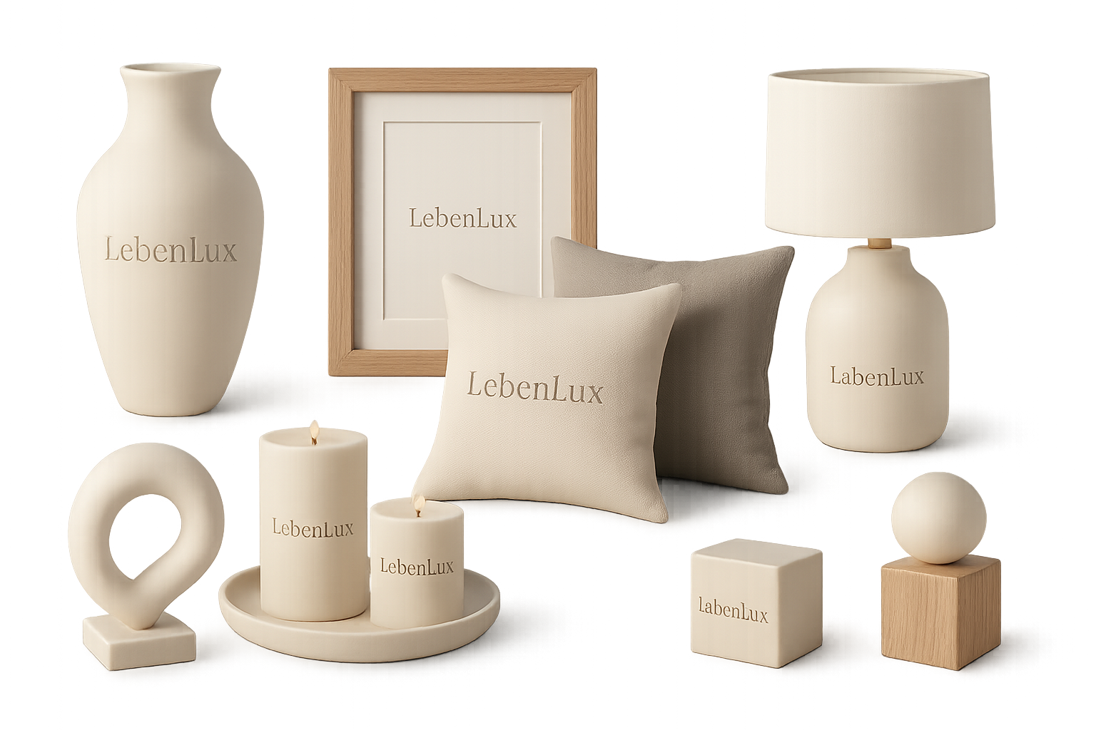 3d home accessories products collection with no background and write LebenLux on each item png