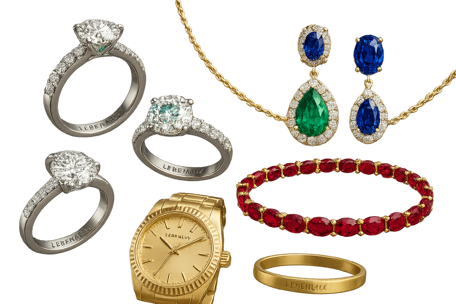 3d jewelry and expensive stones products collection with no background and write LEBENLUX Logo on each item 