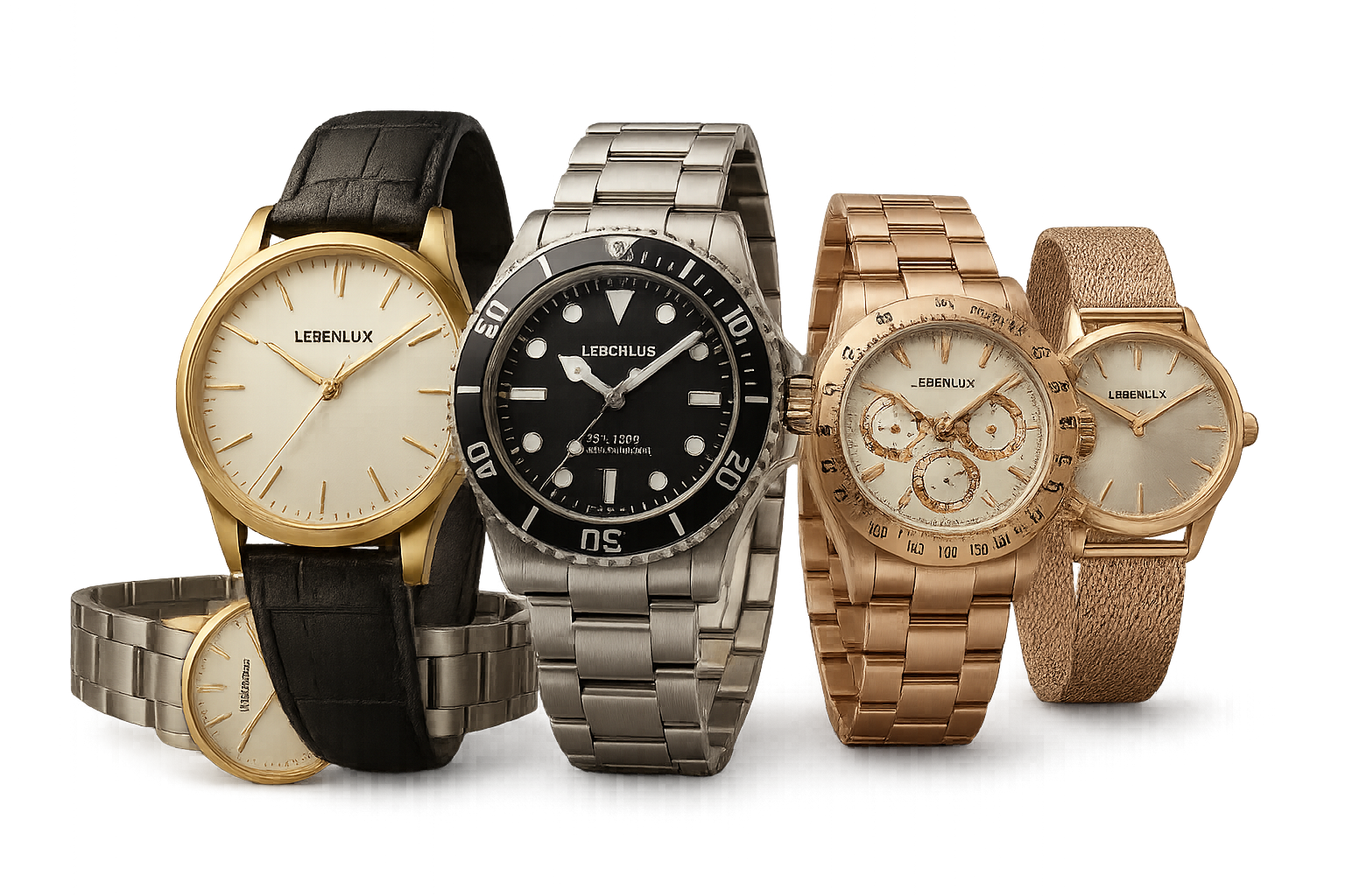 3d luxury watches products collection with no background write LEBENLUX Logo on each item png