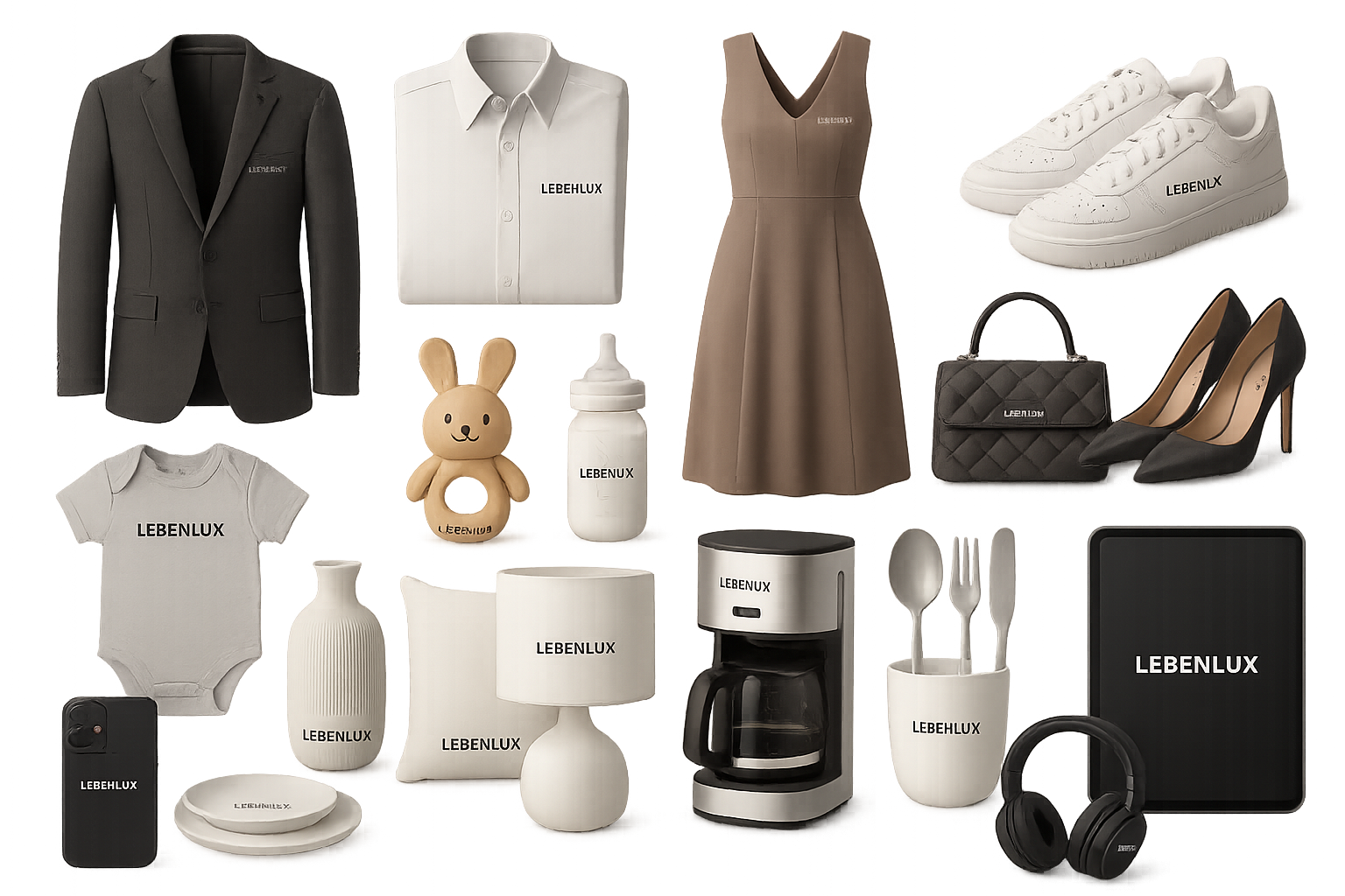 3d Mens Fashion Womensfashion BABies home goods kithcen goods elecronics Fashion product collection with out background with LEBENLUX Logo on Each item plz