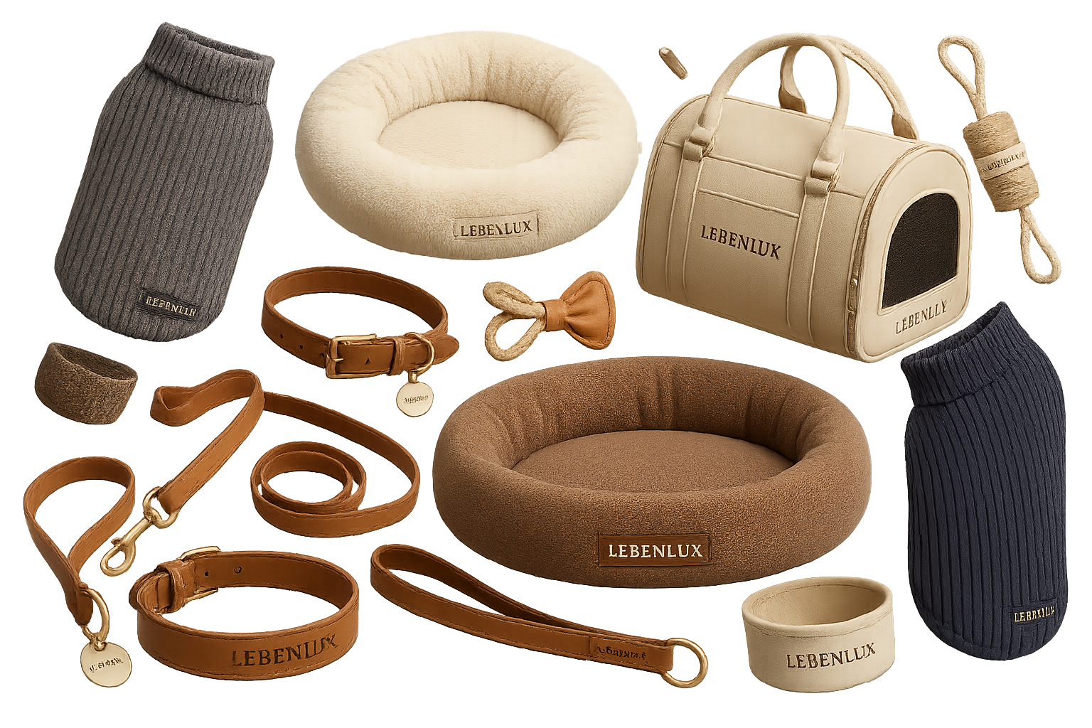 3d pet goods and clothes products collection with no background and write LEBENLUX LOGO ON EACH ITEM PNG