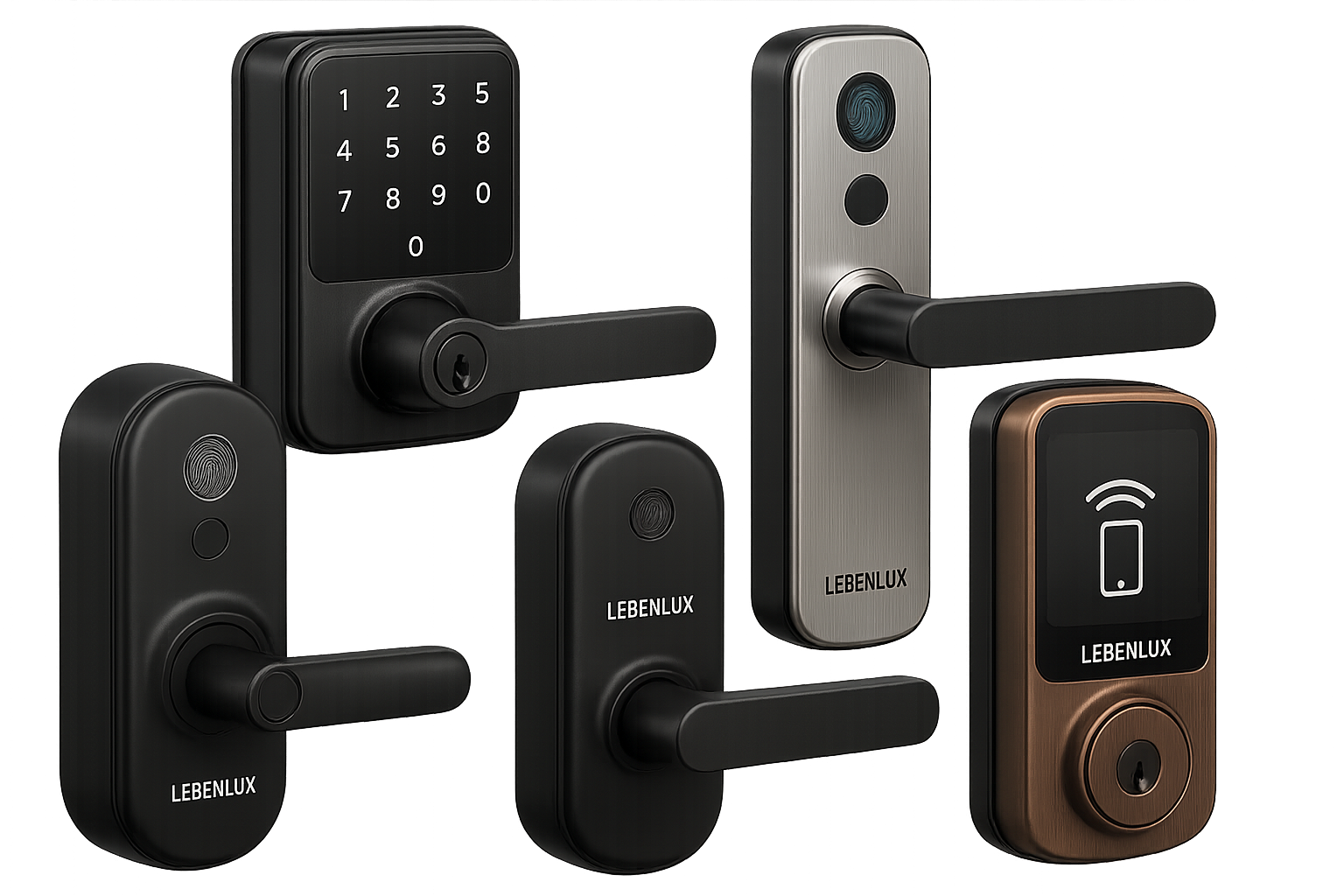 3d smart locks products collection with no background and write LEBENLUX logo on each item png