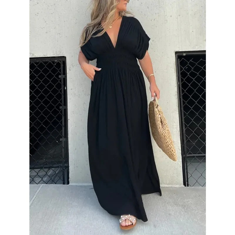 Fashion Bat-sleeved V-neck Slit Dress Summer Short Sleeve Elastic Waist Long Dresses Womens Clothing - Your Shopify