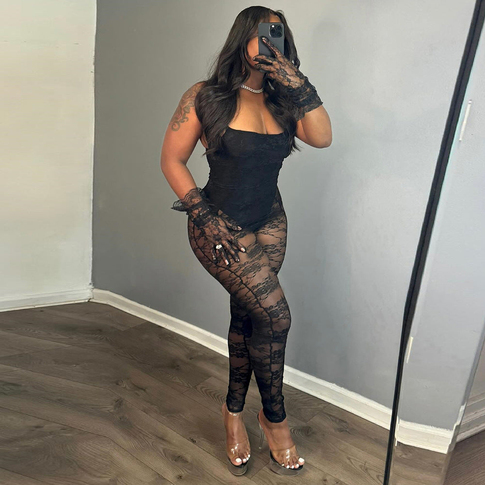 Sexy Women Clothing Sling Style Stitching Sheer Cutout High Elasticity Jumpsuit