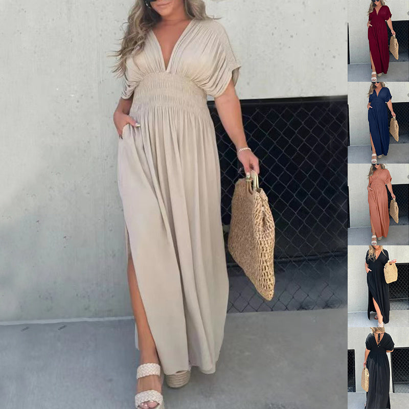 Fashion Bat-sleeved V-neck Slit Dress Summer Short Sleeve Elastic Waist Long Dresses Womens Clothing - Your Shopify