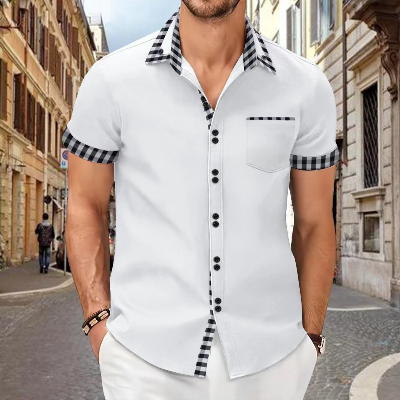 Men's Shirt Casual Pocket Stitching Contrast Color Top - Your Shopify