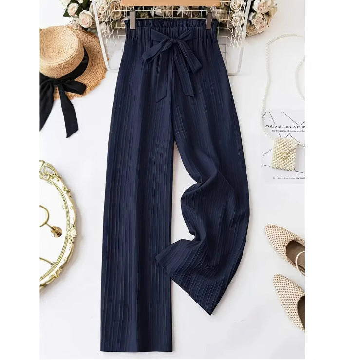 Women's Wide Leg Solid Color Casual Polyester Pant Belt Bow Detail