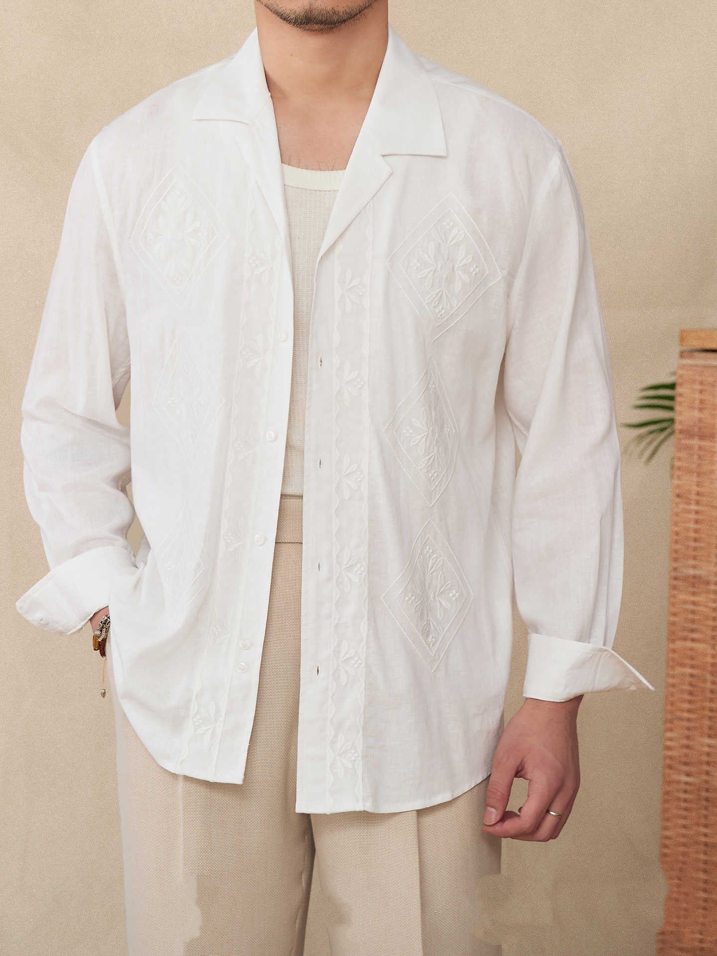 Cotton And Linen Thin Embroidery Cuban Collar Long Sleeve Sunscreen Shirt - Your Shopify