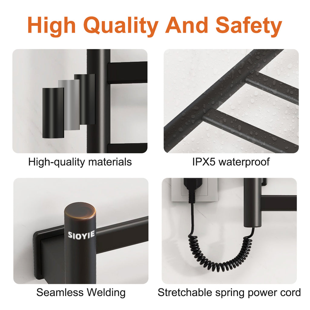 SIOYIE Towel Warmer Bathroom Wall Mounted 6 Bars Electric Towel Drying, 150 W 500 800 MM Heated Towel Rack With Intelligent Touch Screen Timer And Temperature Control Black Left