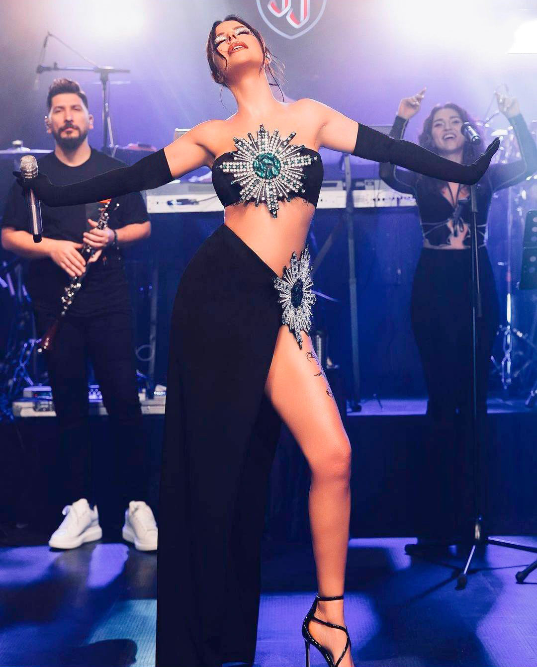Shiny Rhinestone Tube Top High Slit Skirt Bandage Suit - Your Shopify