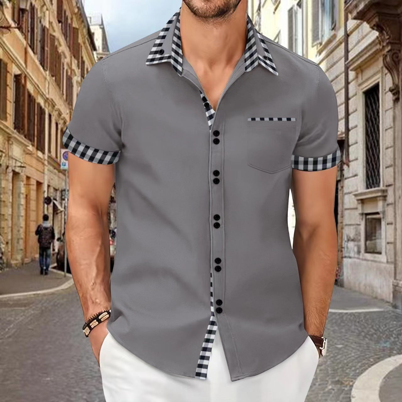 Men's Shirt Casual Pocket Stitching Contrast Color Top - Your Shopify