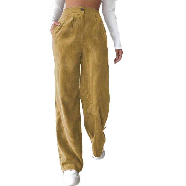 Women's High Waist Casual Pants Solid Color Corduroy Baggy Straight Trousers - Your Shopify