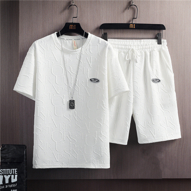 Men's Trendy Solid Color Casual T-shirt Lace-up Five-point Pants Suit - Your Shopify