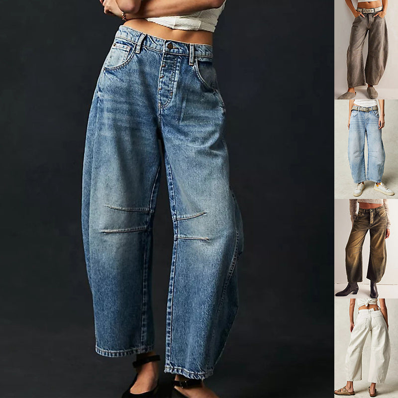 High Stretch Mid-Rise Barrel Jeans Fashion Wide Leg Shape Women Casual Baggy Mid Waist Denim Jeans - Your Shopify