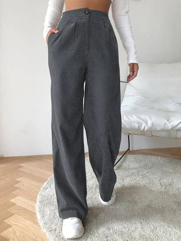 Women's High Waist Casual Pants Solid Color Corduroy Baggy Straight Trousers - Your Shopify