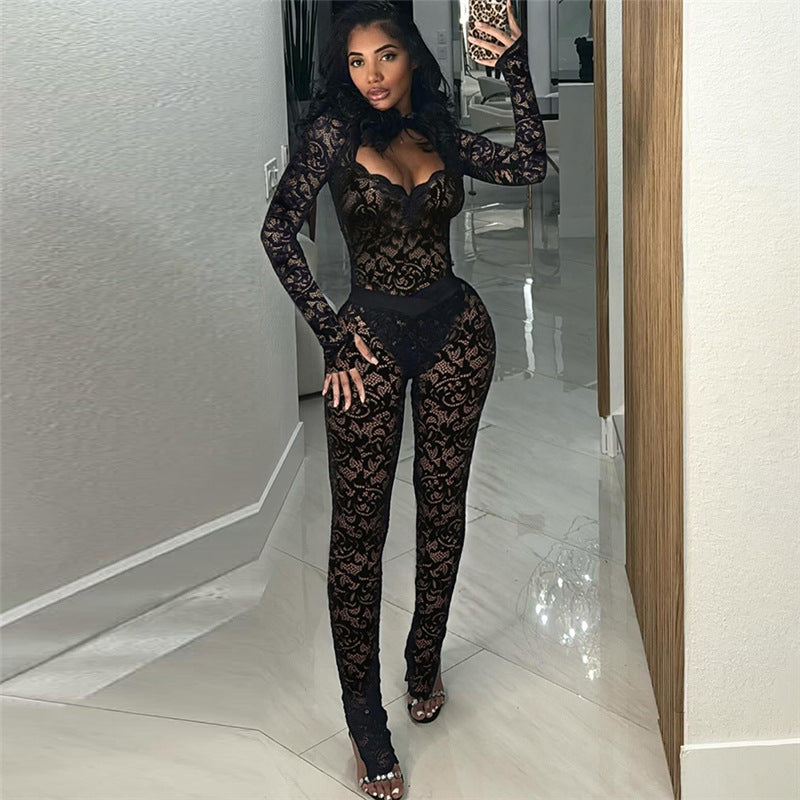 Fashion Solid Color Lace See-through Hollow Out Stitching Slim Fit Sexy