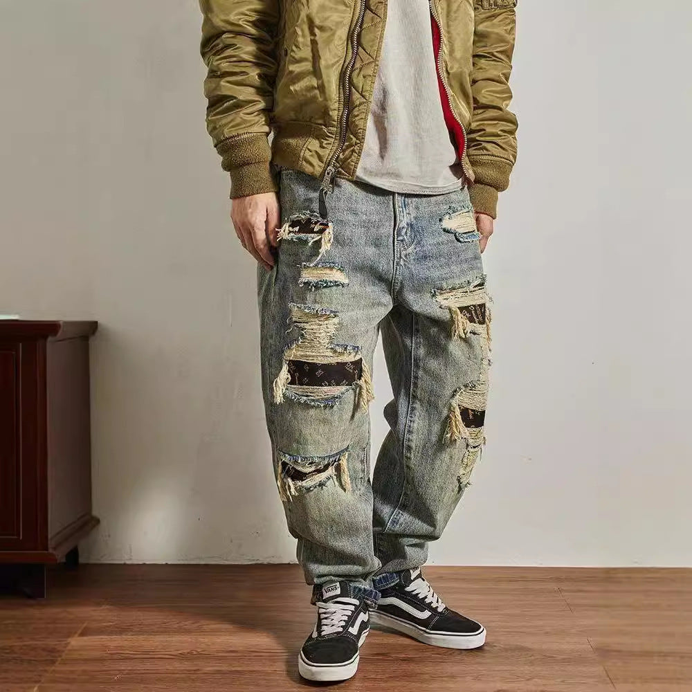 Jeans Men's Loose Straight Tapered Distressed Broken Holes Pants