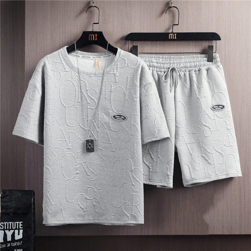 Men's Trendy Solid Color Casual T-shirt Lace-up Five-point Pants Suit - Your Shopify