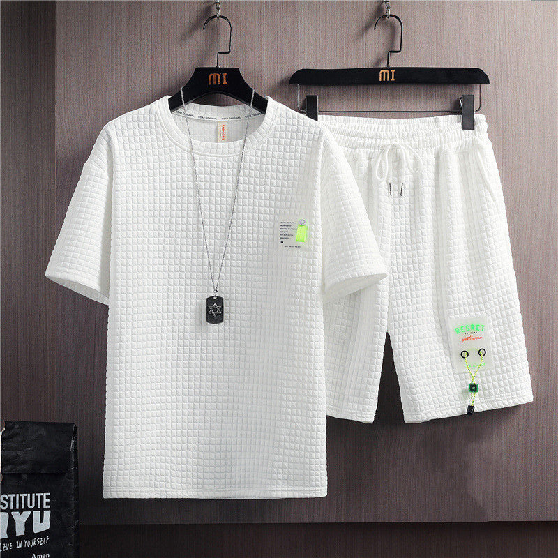 Men's Trendy Solid Color Casual T-shirt Lace-up Five-point Pants Suit - Your Shopify