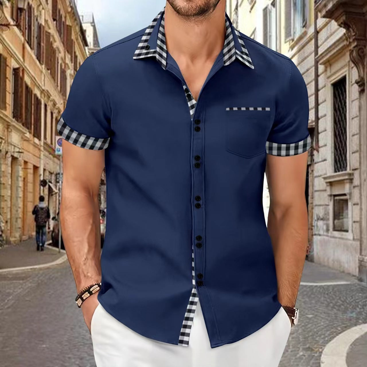 Men's Shirt Casual Pocket Stitching Contrast Color Top - Your Shopify