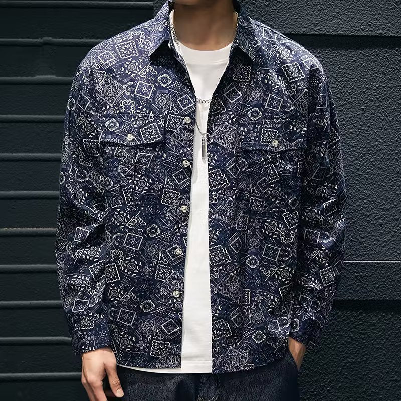 Social Style Denim Printing Men's Lapel Casual Shirt